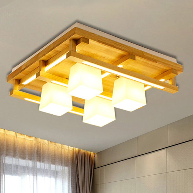 Wood Square Flush Mount Lighting Modernist 1/4/9 Lights Brown Led Flush Mount Light with White Glass Cubic Shade in White/Warm Light 4 Wood Clearhalo 'Ceiling Lights' 'Close To Ceiling Lights' 'Close to ceiling' 'Flush mount' Lighting' 245575