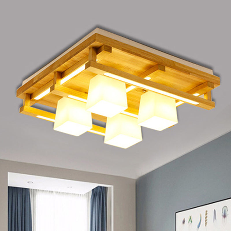 Wood Square Flush Mount Lighting Modernist 1/4/9 Lights Brown Led Flush Mount Light with White Glass Cubic Shade in White/Warm Light Clearhalo 'Ceiling Lights' 'Close To Ceiling Lights' 'Close to ceiling' 'Flush mount' Lighting' 245576