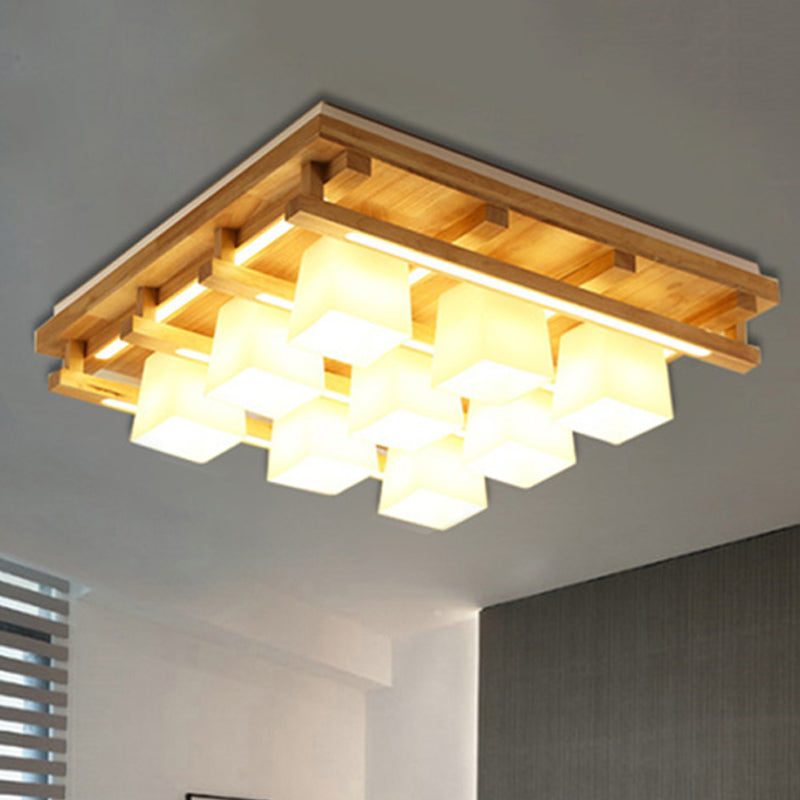 Wood Square Flush Mount Lighting Modernist 1/4/9 Lights Brown Led Flush Mount Light with White Glass Cubic Shade in White/Warm Light 9 Wood Clearhalo 'Ceiling Lights' 'Close To Ceiling Lights' 'Close to ceiling' 'Flush mount' Lighting' 245577