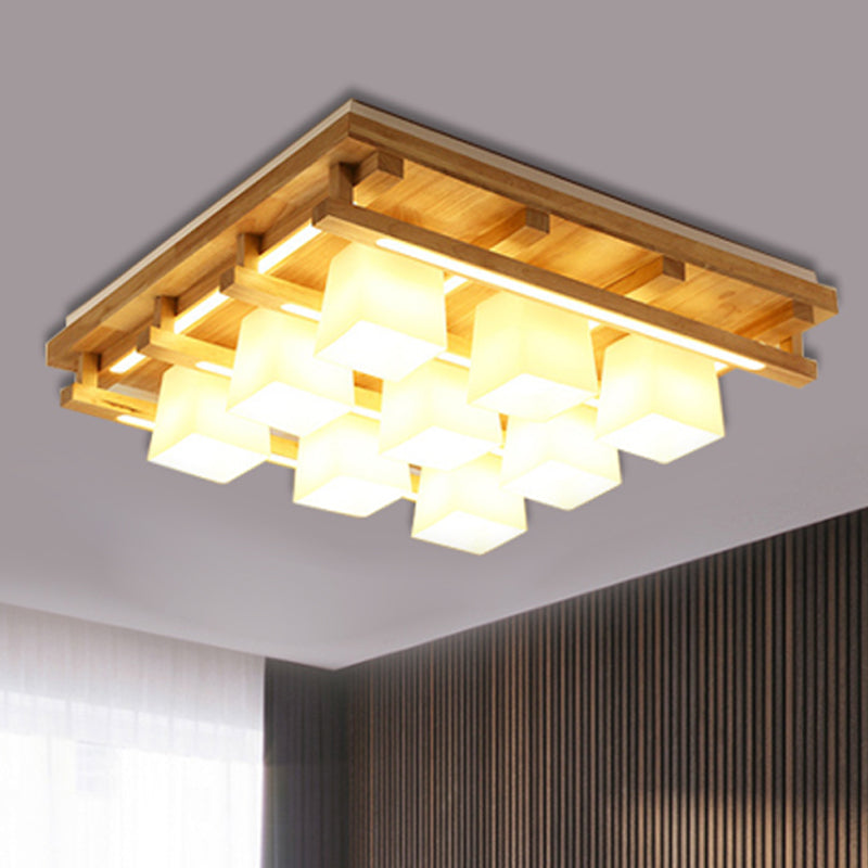 Wood Square Flush Mount Lighting Modernist 1/4/9 Lights Brown Led Flush Mount Light with White Glass Cubic Shade in White/Warm Light Clearhalo 'Ceiling Lights' 'Close To Ceiling Lights' 'Close to ceiling' 'Flush mount' Lighting' 245578