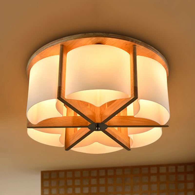 4/6 Lights Bedroom Flush Mount with Cylinder Wood Shade Modernist Brown Flush Ceiling Light Fixture Clearhalo 'Ceiling Lights' 'Close To Ceiling Lights' 'Close to ceiling' 'Flush mount' Lighting' 245585