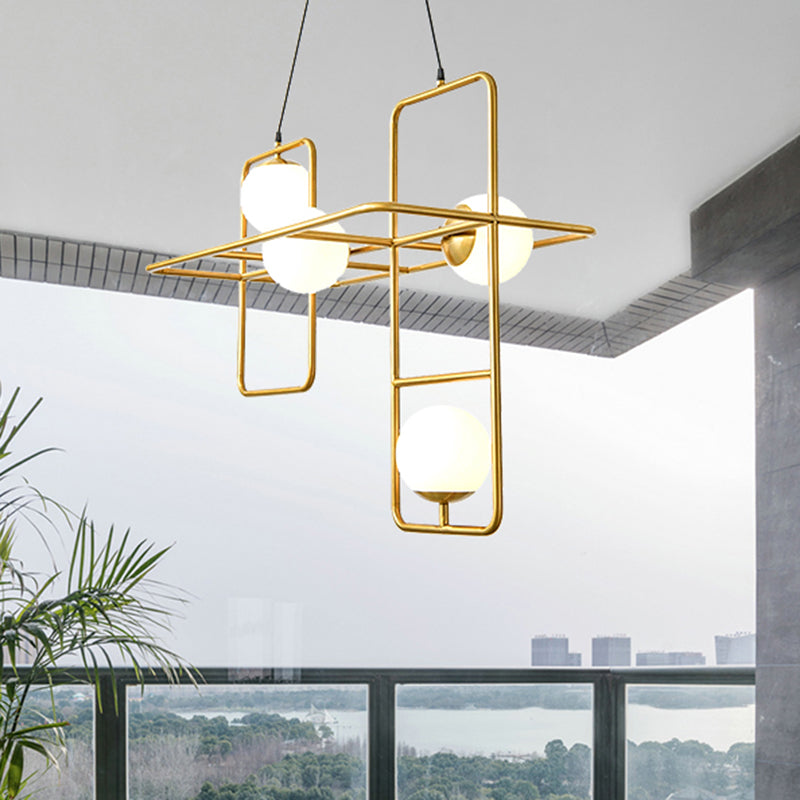 Crossed Rectangle Hanging Light with Globe Glass Shade Contemporary Metal 2/3/4 Heads Chandelier Light for Study Room 4 Gold Clearhalo 'Ceiling Lights' 'Chandeliers' 'Modern Chandeliers' 'Modern' Lighting' 245601