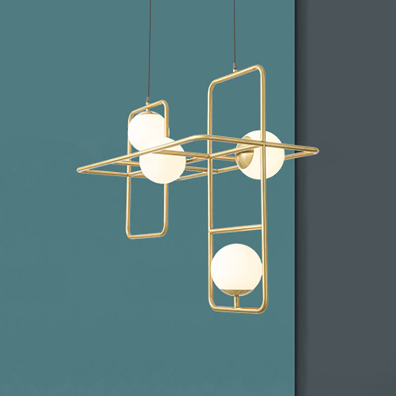 Crossed Rectangle Hanging Light with Globe Glass Shade Contemporary Metal 2/3/4 Heads Chandelier Light for Study Room Clearhalo 'Ceiling Lights' 'Chandeliers' 'Modern Chandeliers' 'Modern' Lighting' 245602