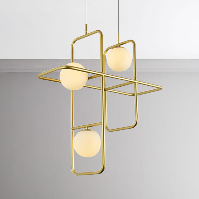 Crossed Rectangle Hanging Light with Globe Glass Shade Contemporary Metal 2/3/4 Heads Chandelier Light for Study Room Clearhalo 'Ceiling Lights' 'Chandeliers' 'Modern Chandeliers' 'Modern' Lighting' 245603