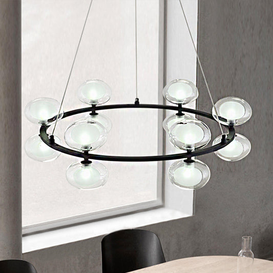 Metal Circular Chandelier Lamp Contemporary 8/12 Lights Black Led Hanging Pendant Light with Clear Glass Oval Shade 12 Black Clearhalo 'Ceiling Lights' 'Chandeliers' 'Modern Chandeliers' 'Modern' Lighting' 245730