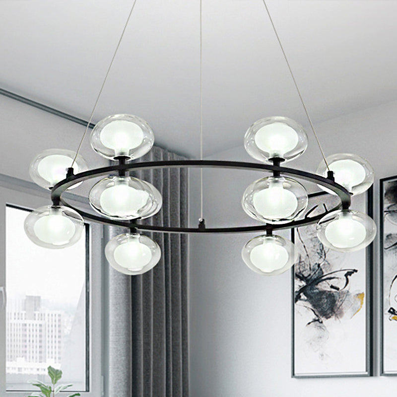 Metal Circular Chandelier Lamp Contemporary 8/12 Lights Black Led Hanging Pendant Light with Clear Glass Oval Shade Clearhalo 'Ceiling Lights' 'Chandeliers' 'Modern Chandeliers' 'Modern' Lighting' 245731