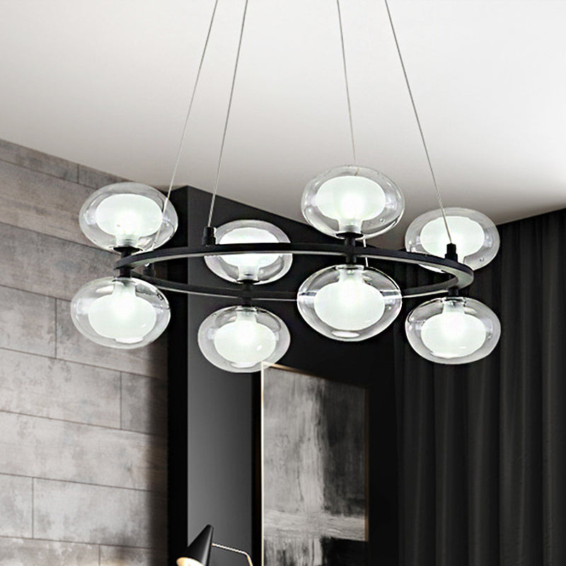 Metal Circular Chandelier Lamp Contemporary 8/12 Lights Black Led Hanging Pendant Light with Clear Glass Oval Shade 8 Black Clearhalo 'Ceiling Lights' 'Chandeliers' 'Modern Chandeliers' 'Modern' Lighting' 245732