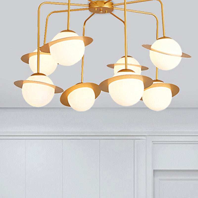 Metal Radial Chandelier Lamp Contemporary 8 Lights Gold/Chrome Led Hanging Ceiling Light Fixture with White Glass Globe Shade Gold Clearhalo 'Ceiling Lights' 'Chandeliers' 'Modern Chandeliers' 'Modern' Lighting' 245734