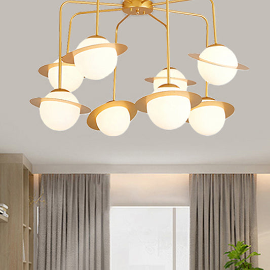 Metal Radial Chandelier Lamp Contemporary 8 Lights Gold/Chrome Led Hanging Ceiling Light Fixture with White Glass Globe Shade Clearhalo 'Ceiling Lights' 'Chandeliers' 'Modern Chandeliers' 'Modern' Lighting' 245735