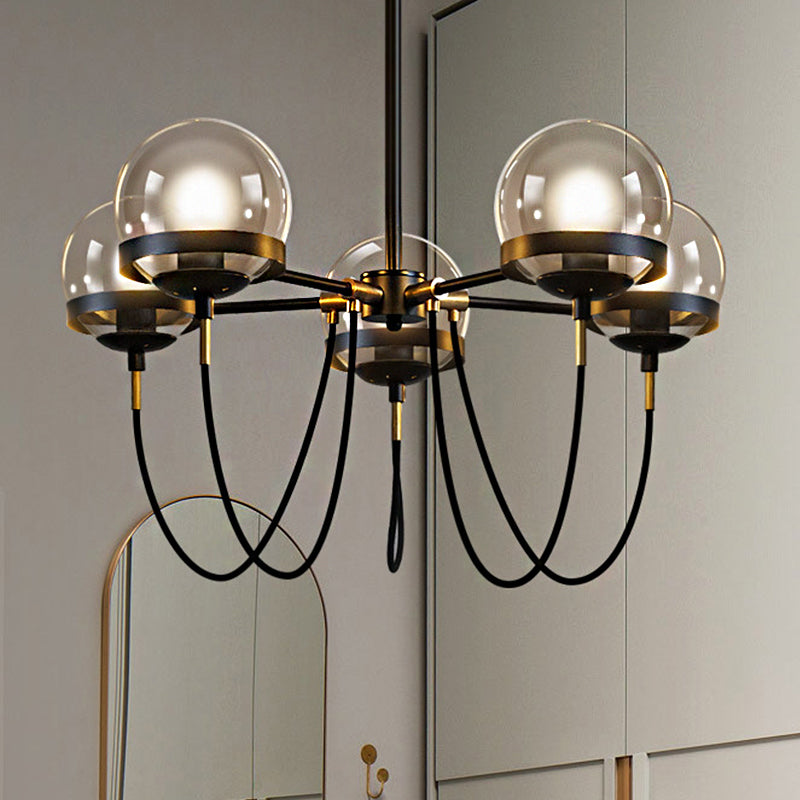 Global Clear Glass Pendant Chandelier Modernist Multi Lights Black/Gold Hanging Light Kit with Inner Smoke Glass Ball Shade Black Clearhalo 'Ceiling Lights' 'Chandeliers' 'Close To Ceiling Lights' 'Glass shade' 'Glass' 'Modern Chandeliers' 'Modern' Lighting' 245737