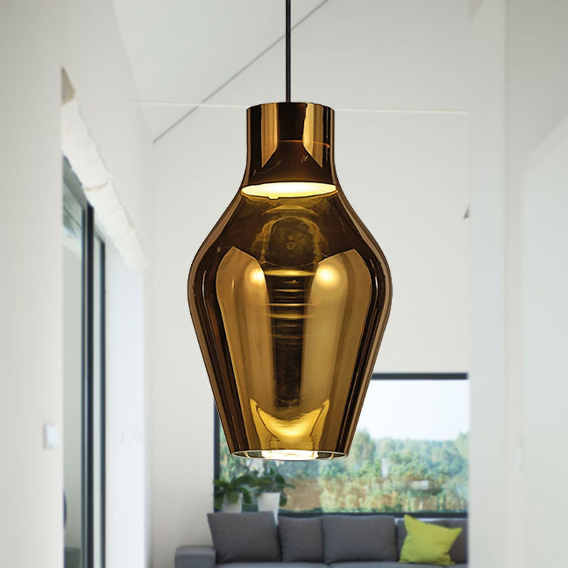 Urn Living Room Pendant Lamp Gold/Smoke Glass 1 Light 6.5"/8.5" Wide Modern Led Hanging Light in White/Warm Light Gold Clearhalo 'Ceiling Lights' 'Glass shade' 'Glass' 'Modern Pendants' 'Modern' 'Pendant Lights' 'Pendants' Lighting' 245837