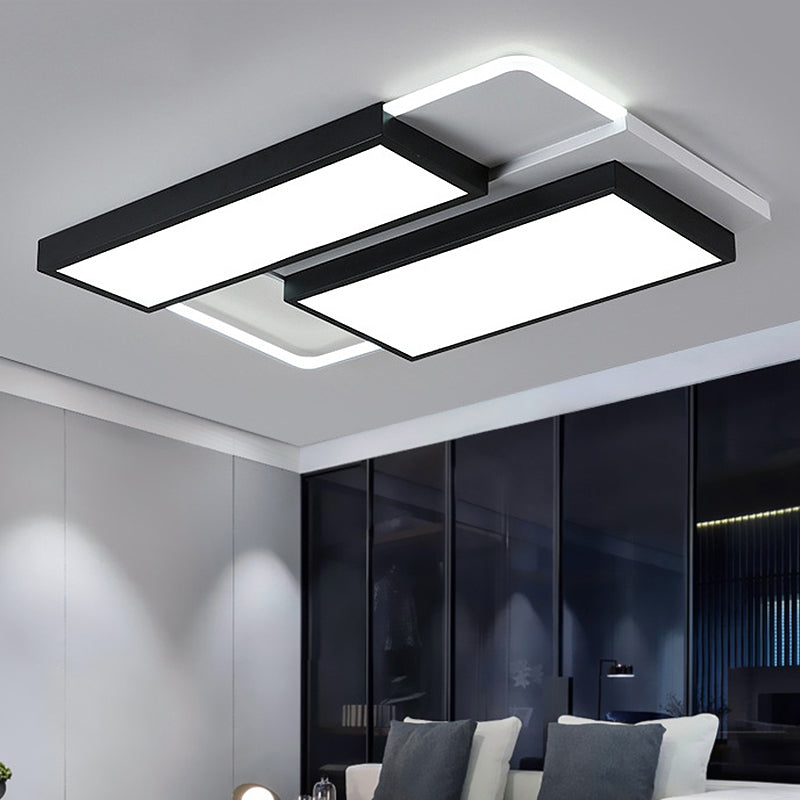 Black and White Rectangular Flush Mount Lamp Modernist Led 21.5"/35.5" Wide Metal Flush Mount Ceiling Fixture for Living Room in White/Warm Light Black-White 35.5" White Clearhalo 'Ceiling Lights' 'Close To Ceiling Lights' 'Close to ceiling' 'Flush mount' Lighting' 245843