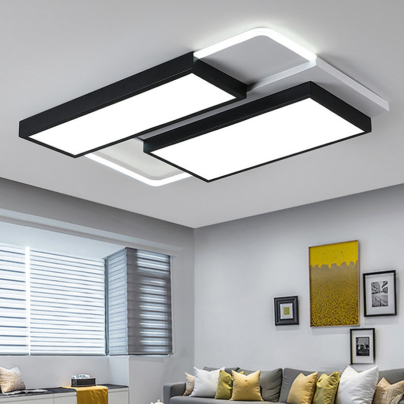 Black and White Rectangular Flush Mount Lamp Modernist Led 21.5"/35.5" Wide Metal Flush Mount Ceiling Fixture for Living Room in White/Warm Light Clearhalo 'Ceiling Lights' 'Close To Ceiling Lights' 'Close to ceiling' 'Flush mount' Lighting' 245844