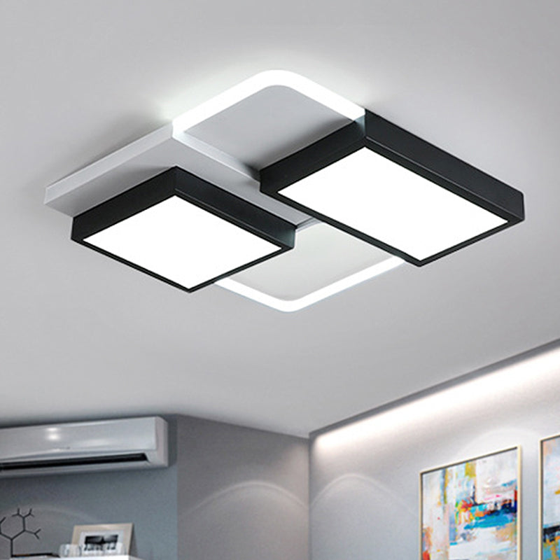 Black and White Rectangular Flush Mount Lamp Modernist Led 21.5"/35.5" Wide Metal Flush Mount Ceiling Fixture for Living Room in White/Warm Light Black-White 21.5" White Clearhalo 'Ceiling Lights' 'Close To Ceiling Lights' 'Close to ceiling' 'Flush mount' Lighting' 245846