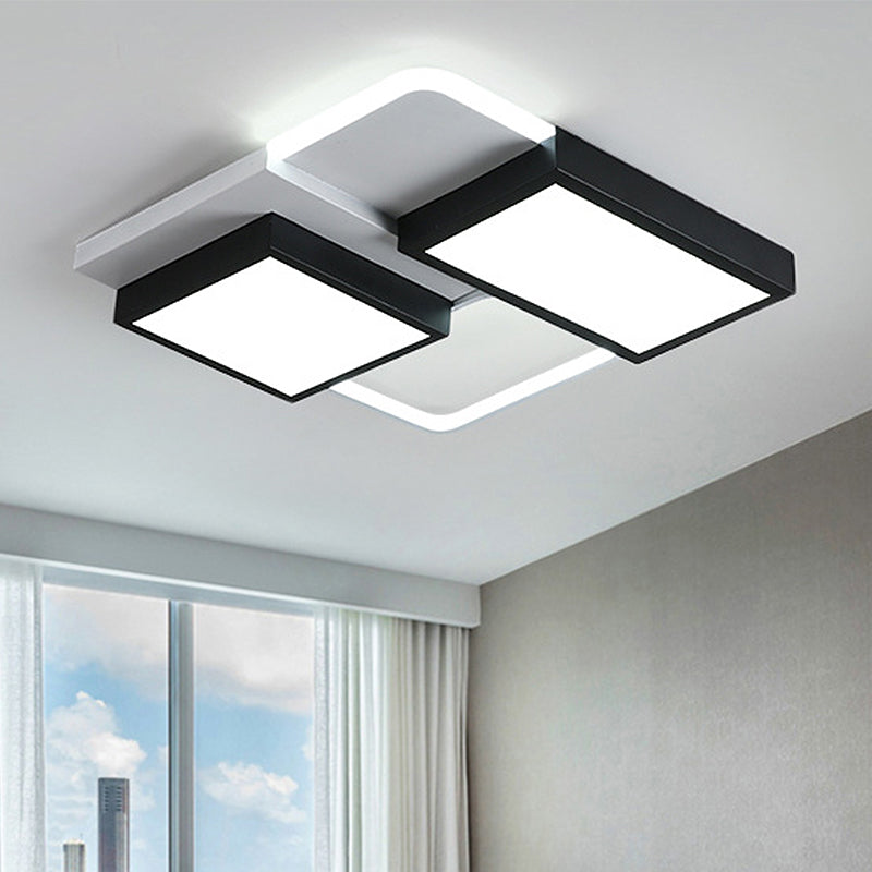 Black and White Rectangular Flush Mount Lamp Modernist Led 21.5"/35.5" Wide Metal Flush Mount Ceiling Fixture for Living Room in White/Warm Light Clearhalo 'Ceiling Lights' 'Close To Ceiling Lights' 'Close to ceiling' 'Flush mount' Lighting' 245847