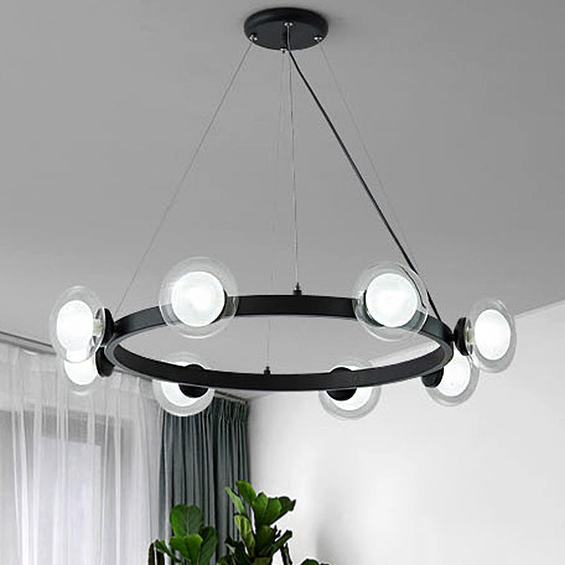 Clear Glass Round Chandelier Lamp with Circle Ring Design Contemporary 6/8 Lights Led Hanging Light Kit in Black 8 Black Clearhalo 'Ceiling Lights' 'Chandeliers' 'Glass shade' 'Glass' 'Modern Chandeliers' 'Modern' Lighting' 245888