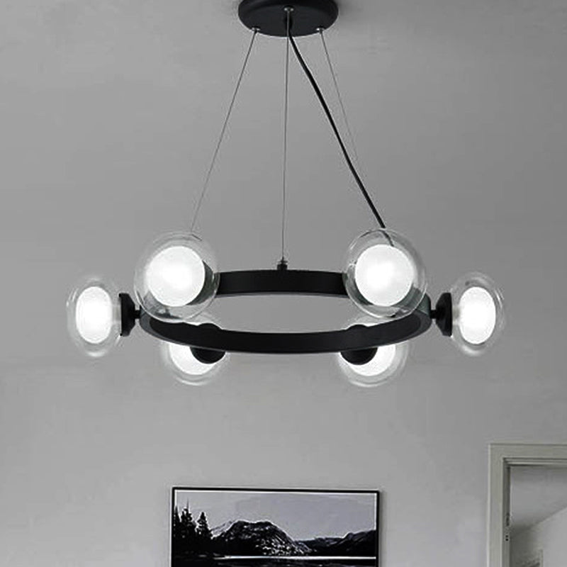 Clear Glass Round Chandelier Lamp with Circle Ring Design Contemporary 6/8 Lights Led Hanging Light Kit in Black 6 Black Clearhalo 'Ceiling Lights' 'Chandeliers' 'Glass shade' 'Glass' 'Modern Chandeliers' 'Modern' Lighting' 245890