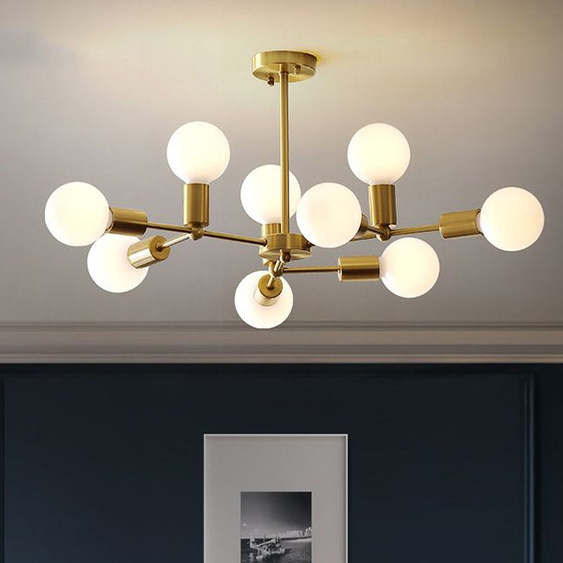 Branch Chandelier Lamp Modern Globe Opal Glass 6/9/12 Lights Bedroom Hanging Light with Brass Arm 9 Brass Clearhalo 'Ceiling Lights' 'Chandeliers' 'Modern Chandeliers' 'Modern' Lighting' 245933