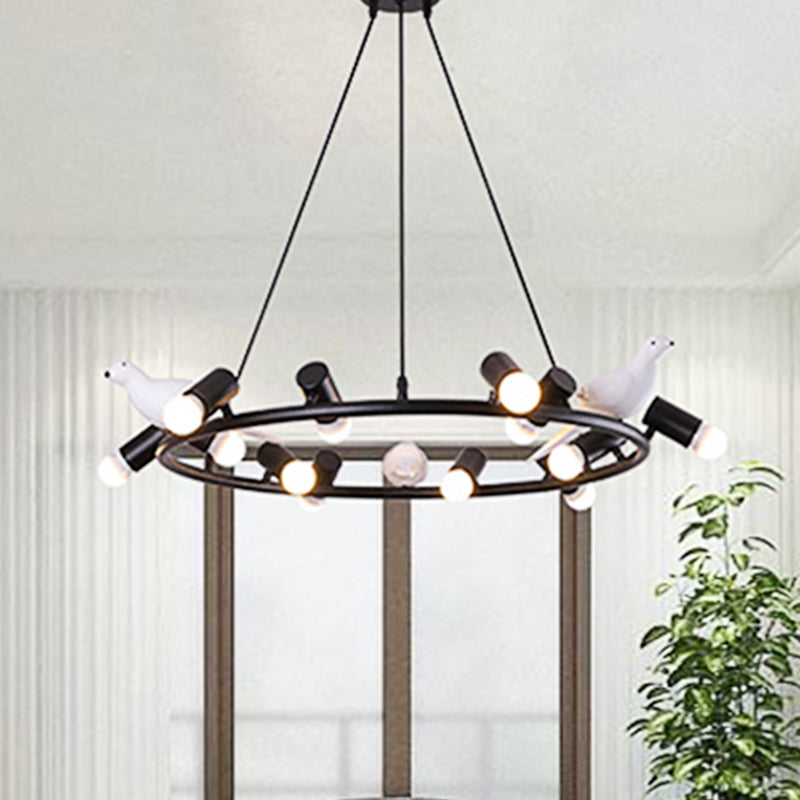 Modern Ring Pendant Chandelier Metal 6/8 Lights Dining Room Hanging Ceiling Light in Black with Bird Ornament 8 Black Clearhalo 'Ceiling Lights' 'Chandeliers' 'Modern Chandeliers' 'Modern' Lighting' 245952