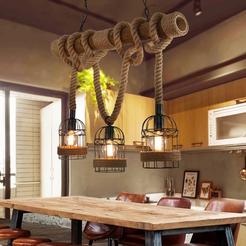 3-Light Bamboo Hanging Lamp Country Style Linear Restaurant Island Light with Hemp Rope Black Clearhalo 'Ceiling Lights' 'Island Lights' Lighting' 2459833