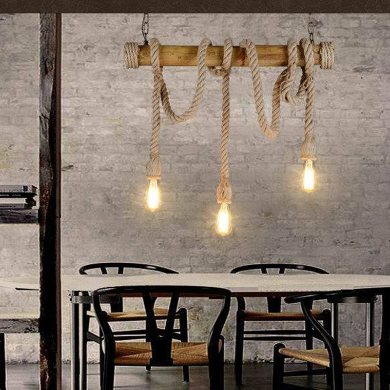 3-Light Bamboo Hanging Lamp Country Style Linear Restaurant Island Light with Hemp Rope Wood Clearhalo 'Ceiling Lights' 'Island Lights' Lighting' 2459834