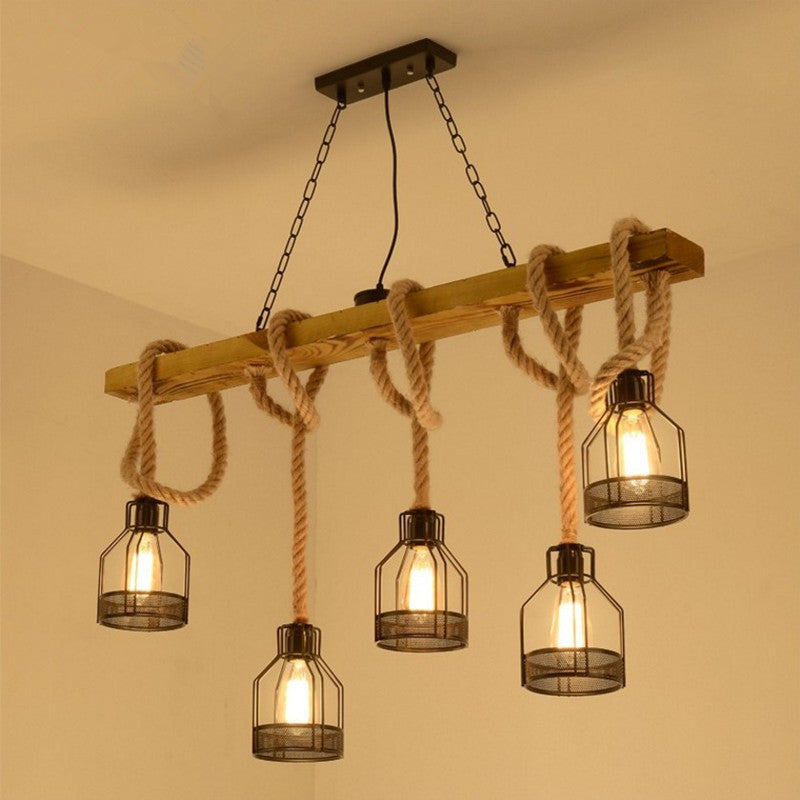 Wooden Linear Island Lamp Rustic Restaurant Suspension Pendant Light with Mesh Cage 5 Wood Metal Frame Clearhalo 'Ceiling Lights' 'Island Lights' Lighting' 2459899
