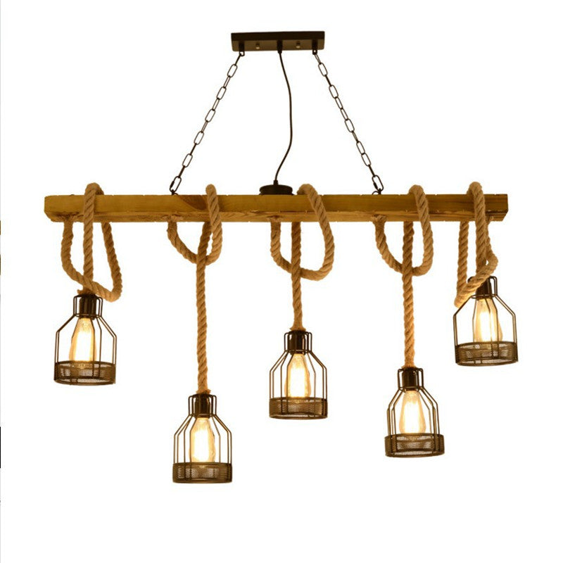 Wooden Linear Island Lamp Rustic Restaurant Suspension Pendant Light with Mesh Cage Clearhalo 'Ceiling Lights' 'Island Lights' Lighting' 2459903