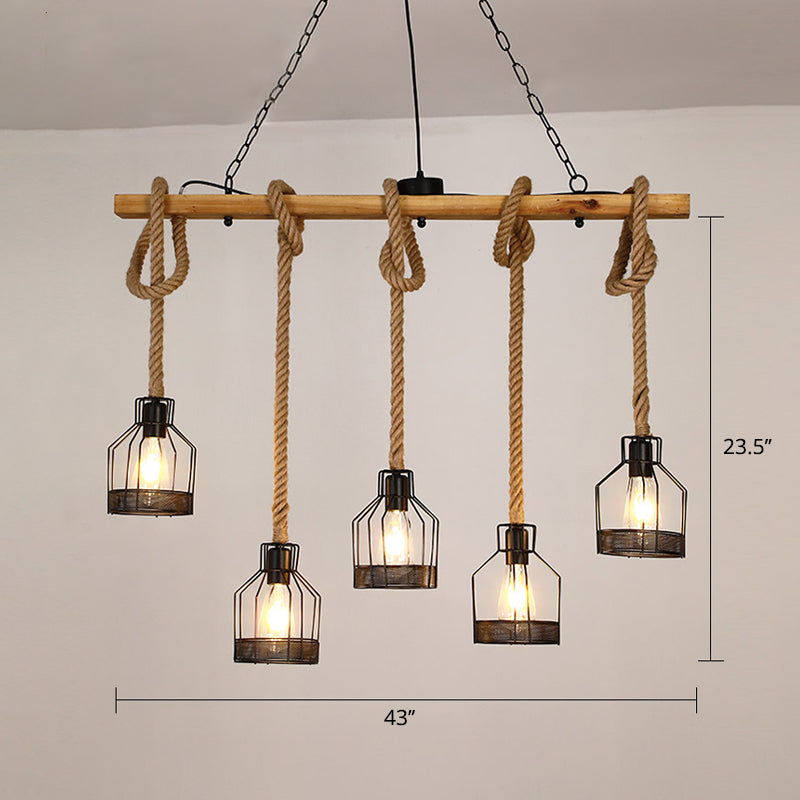 Wooden Linear Island Lamp Rustic Restaurant Suspension Pendant Light with Mesh Cage Clearhalo 'Ceiling Lights' 'Island Lights' Lighting' 2459907