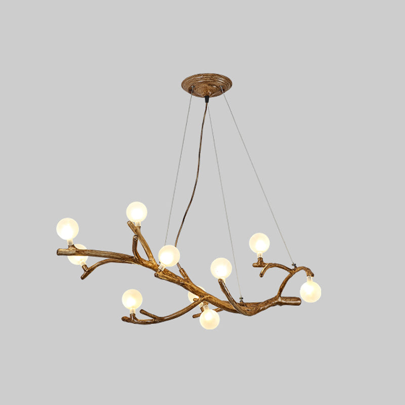 Metal Tree Branch Island Lighting Fixture Art Deco Wood Suspension Light with Ball Acrylic Shade 10 Wood Clearhalo 'Ceiling Lights' 'Island Lights' Lighting' 2459914