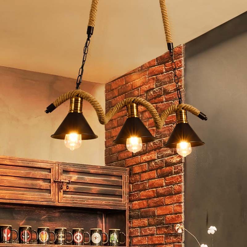 Spiral Rope Pendant Light Fixture Loft Style Bar Island Lamp with Cone Shade in Black Clearhalo 'Ceiling Lights' 'Island Lights' Lighting' 2460001