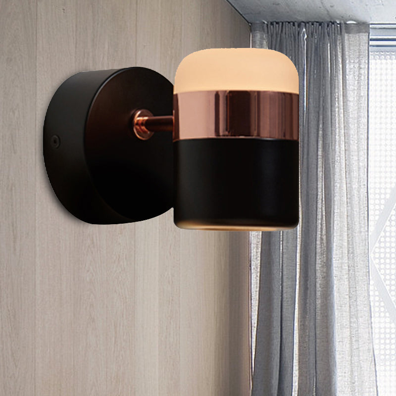 Black/White Cylindrical Sconce Wall Light Modern Style LED Steel and Glass Rotatable Wall Lighting for Bedroom Black Clearhalo 'Cast Iron' 'Glass' 'Industrial' 'Modern wall lights' 'Modern' 'Tiffany' 'Traditional wall lights' 'Wall Lamps & Sconces' 'Wall Lights' Lighting' 246004
