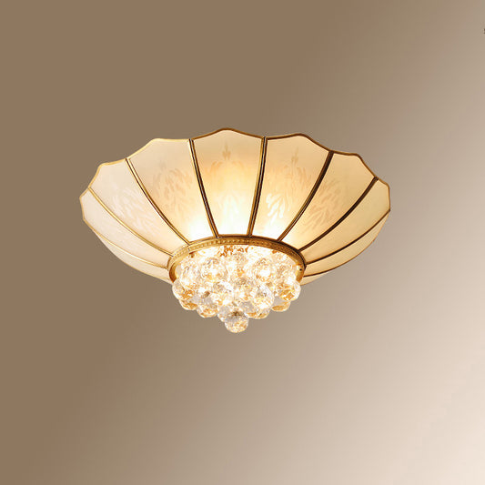 Gold Finish 4-Light Ceiling Fixture Colonial Style Frosted Glass Bowl Shaped Flush Mount Light Gold Crystal Bead Clearhalo 'Ceiling Lights' 'Close To Ceiling Lights' 'Close to ceiling' 'Flush mount' Lighting' 2460166