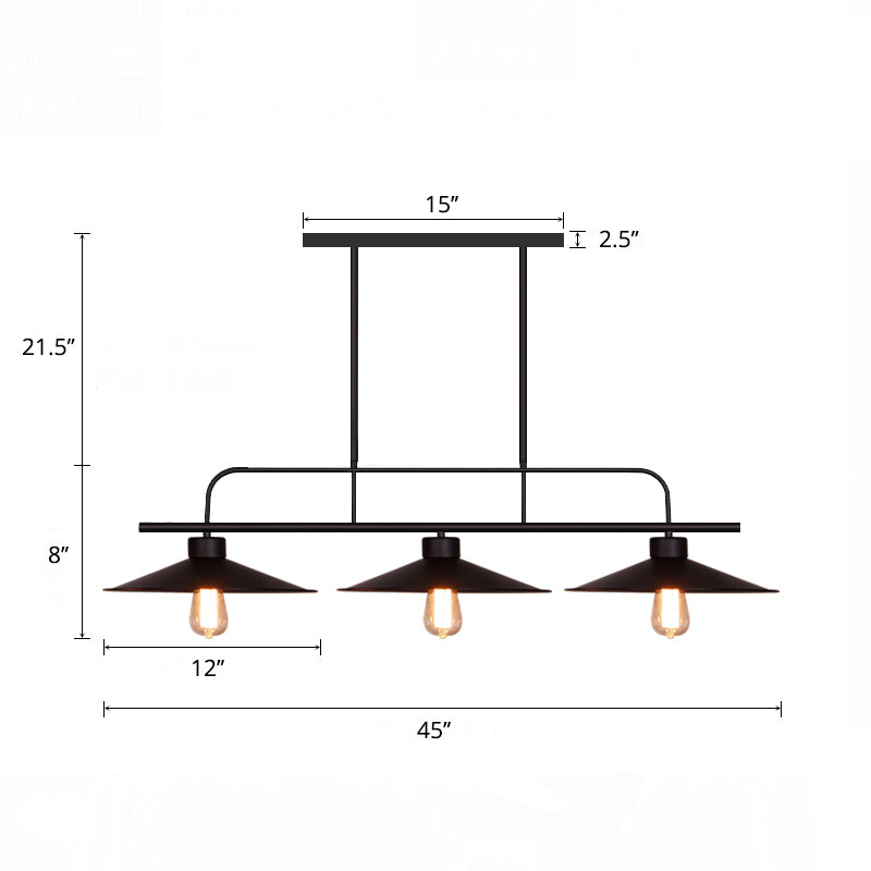 3 Lights Flared Hanging Lamp Industrial Black Finish Metal Island Light Fixture for Restaurant Clearhalo 'Ceiling Lights' 'Island Lights' Lighting' 2460181