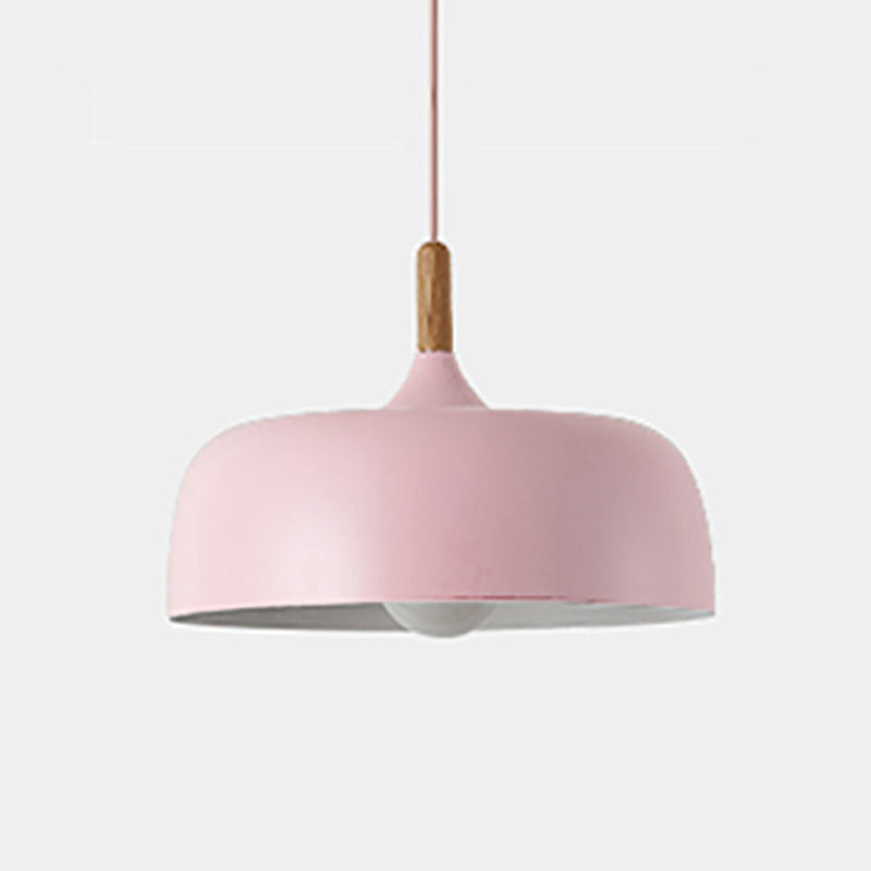 Aluminum Round Hanging Light Minimalist 1 Head Pendant Lighting with Wood Tip for Restaurant Pink Clearhalo 'Ceiling Lights' 'Pendant Lights' 'Pendants' Lighting' 2460193