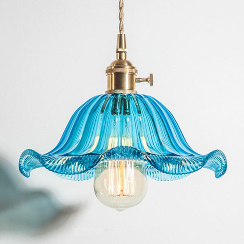Vintage Ruffled Hanging Light Single Carved Glass Ceiling Pendant Lamp with Rotary Switch Blue Clearhalo 'Ceiling Lights' 'Glass shade' 'Glass' 'Industrial Pendants' 'Industrial' 'Middle Century Pendants' 'Pendant Lights' 'Pendants' 'Tiffany' Lighting' 2460201