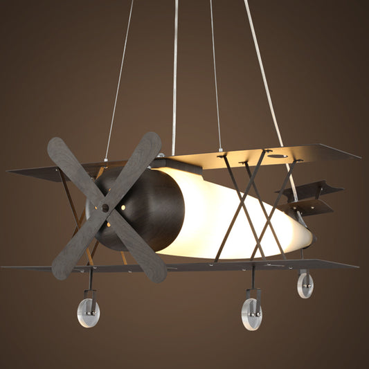 Black Biplane Hanging Lamp Childrens Frosted White Glass Suspension Pendant Light for Bedroom Black Clearhalo 'Ceiling Lights' 'Pendant Lights' 'Pendants' Lighting' 2460217