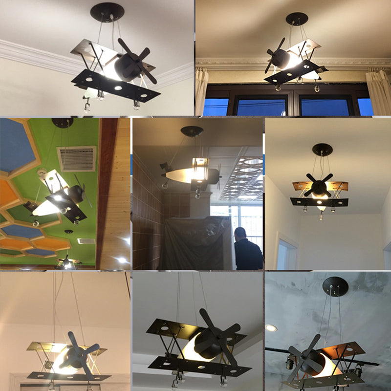 Black Biplane Hanging Lamp Childrens Frosted White Glass Suspension Pendant Light for Bedroom Clearhalo 'Ceiling Lights' 'Pendant Lights' 'Pendants' Lighting' 2460218