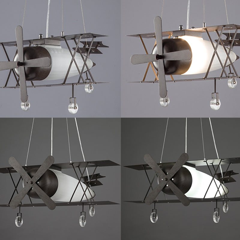 Black Biplane Hanging Lamp Childrens Frosted White Glass Suspension Pendant Light for Bedroom Clearhalo 'Ceiling Lights' 'Pendant Lights' 'Pendants' Lighting' 2460219