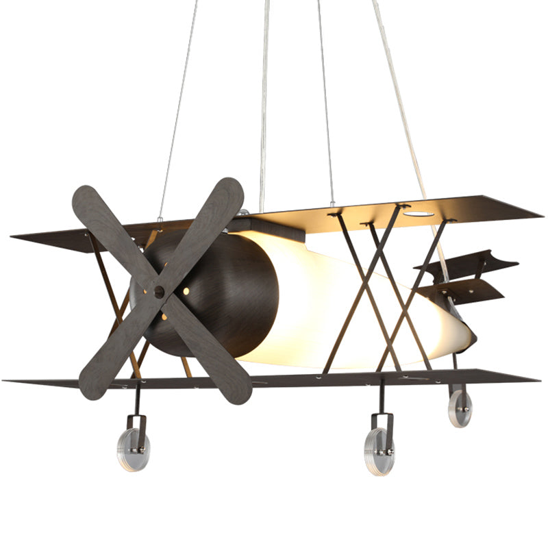 Black Biplane Hanging Lamp Childrens Frosted White Glass Suspension Pendant Light for Bedroom Clearhalo 'Ceiling Lights' 'Pendant Lights' 'Pendants' Lighting' 2460221