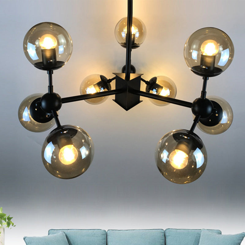 9 Lights Chandelier Lighting Nordic Black Hanging Light with Globe Cranberry Glass Shade Black Clearhalo 'Ceiling Lights' 'Chandeliers' 'Glass shade' 'Glass' 'Modern Chandeliers' 'Modern' Lighting' 246023