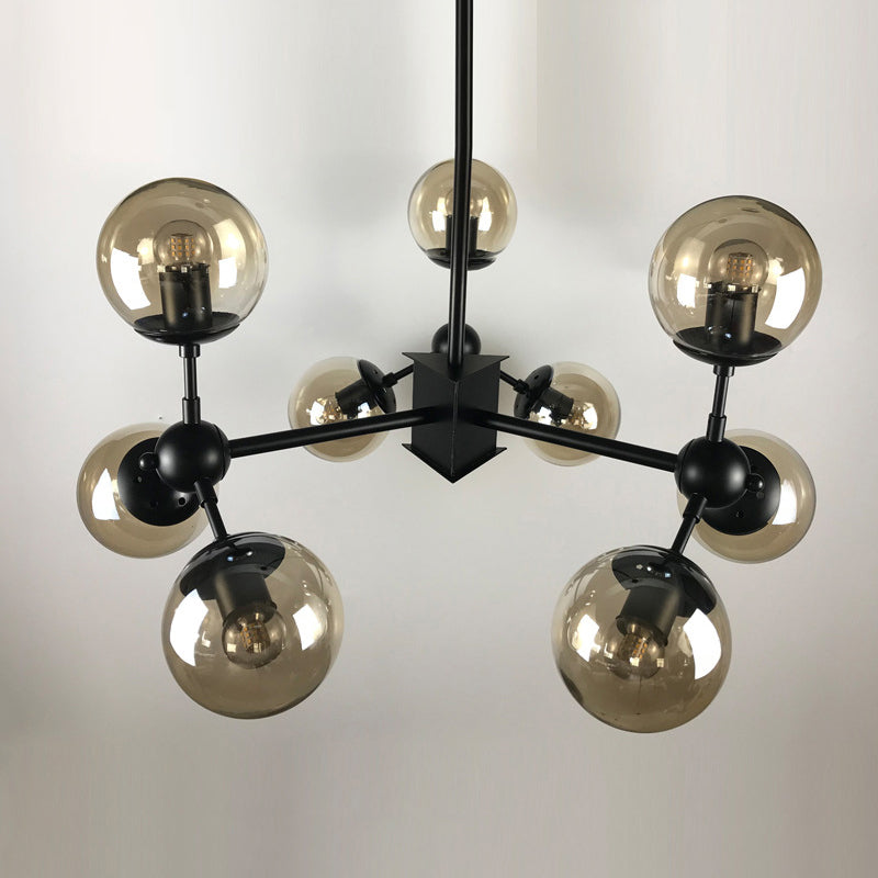 9 Lights Chandelier Lighting Nordic Black Hanging Light with Globe Cranberry Glass Shade Clearhalo 'Ceiling Lights' 'Chandeliers' 'Glass shade' 'Glass' 'Modern Chandeliers' 'Modern' Lighting' 246024