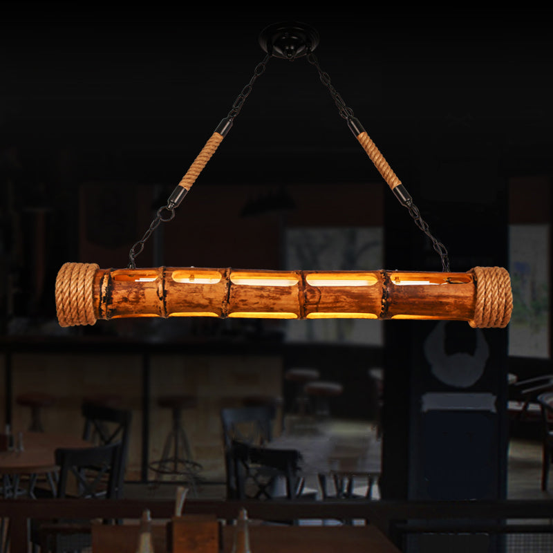 Bamboo Pole LED Suspension Light Fixture Lodge Style Dining Room Island Lamp in Wood Wood Clearhalo 'Ceiling Lights' 'Island Lights' Lighting' 2460248