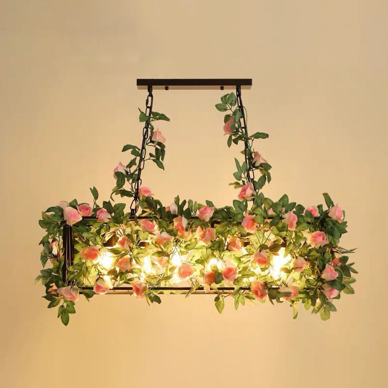 Metal Cage Island Lighting Industrial Restaurant Suspension Light with Plant Decoration 6 Pink Clearhalo 'Ceiling Lights' 'Island Lights' Lighting' 2460265