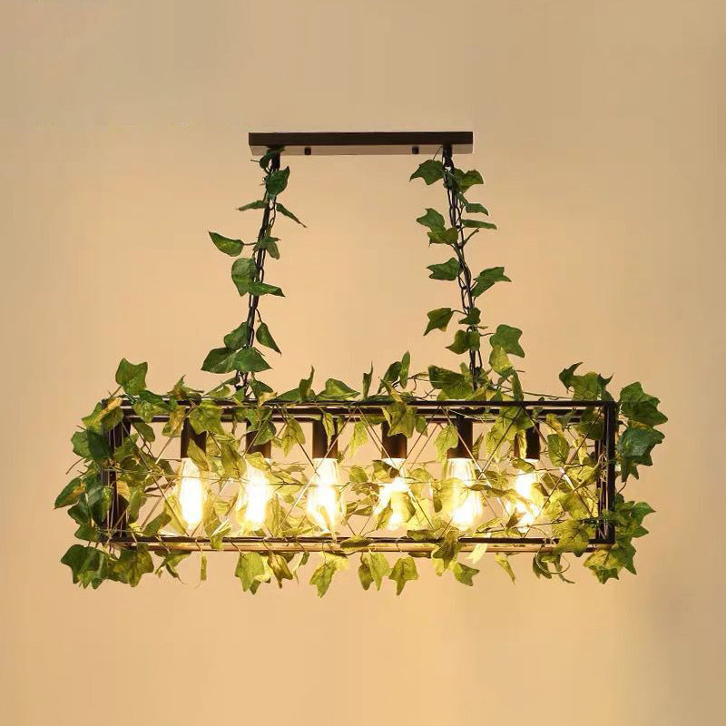 Metal Cage Island Lighting Industrial Restaurant Suspension Light with Plant Decoration 6 Green Clearhalo 'Ceiling Lights' 'Island Lights' Lighting' 2460266