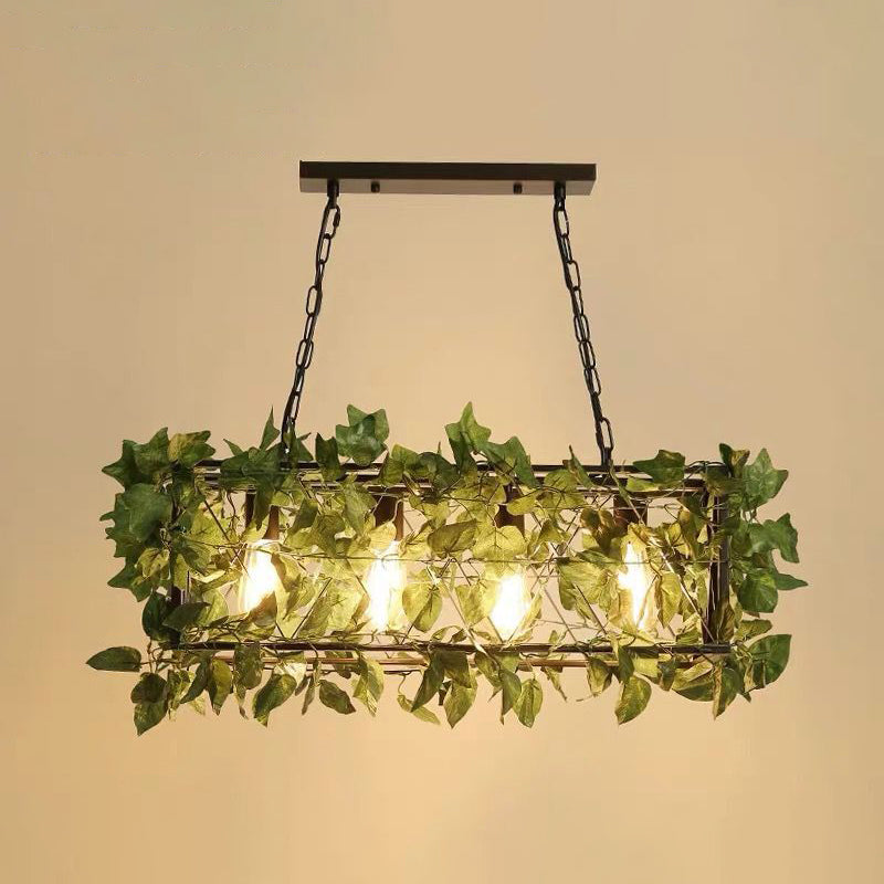 Metal Cage Island Lighting Industrial Restaurant Suspension Light with Plant Decoration 4 Green Clearhalo 'Ceiling Lights' 'Island Lights' Lighting' 2460268