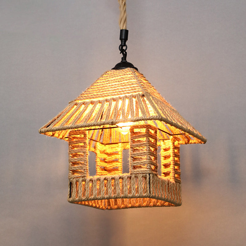 Single Cage Shade Pendulum Light Country Style Wood Rope Suspension Light for Restaurant Wood House Clearhalo 'Ceiling Lights' 'Industrial Pendants' 'Industrial' 'Middle Century Pendants' 'Pendant Lights' 'Pendants' 'Tiffany' Lighting' 2460343