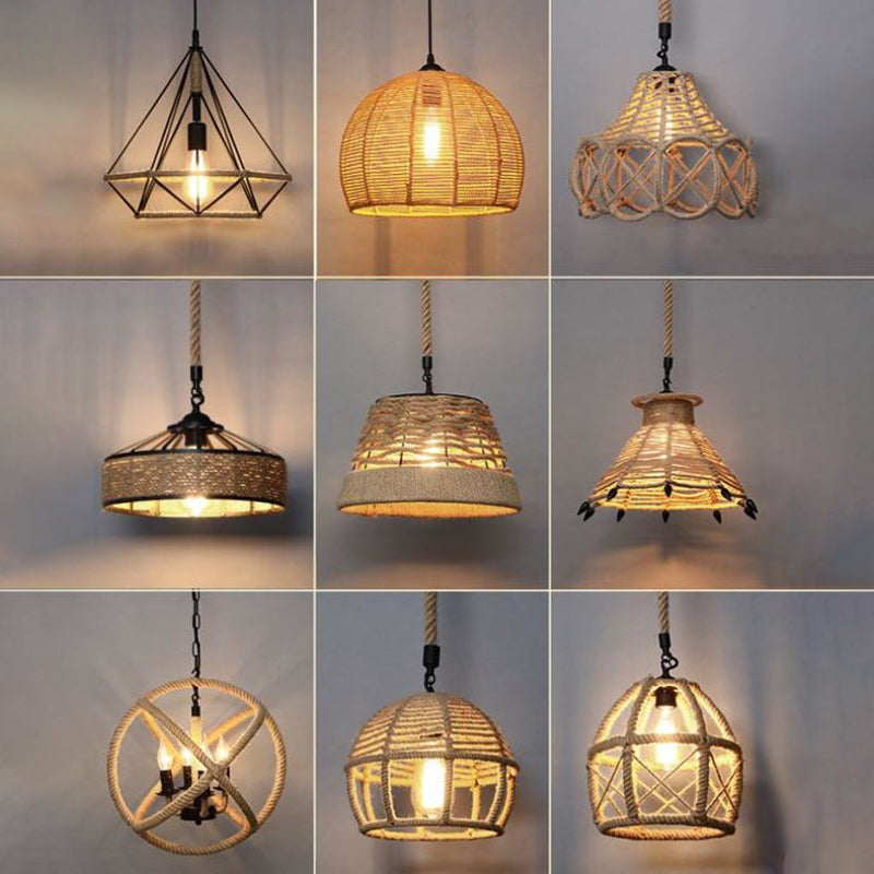 Single Cage Shade Pendulum Light Country Style Wood Rope Suspension Light for Restaurant Wood Clearhalo 'Ceiling Lights' 'Industrial Pendants' 'Industrial' 'Middle Century Pendants' 'Pendant Lights' 'Pendants' 'Tiffany' Lighting' 2460344