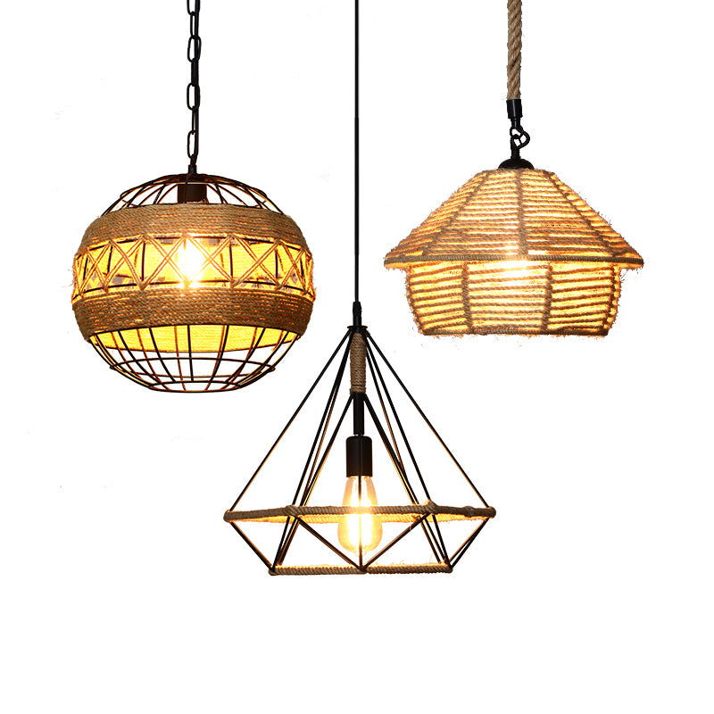 Single Cage Shade Pendulum Light Country Style Wood Rope Suspension Light for Restaurant Wood Clearhalo 'Ceiling Lights' 'Industrial Pendants' 'Industrial' 'Middle Century Pendants' 'Pendant Lights' 'Pendants' 'Tiffany' Lighting' 2460345