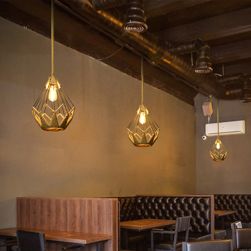 Single Cage Shade Pendulum Light Country Style Wood Rope Suspension Light for Restaurant Wood Crown Clearhalo 'Ceiling Lights' 'Industrial Pendants' 'Industrial' 'Middle Century Pendants' 'Pendant Lights' 'Pendants' 'Tiffany' Lighting' 2460346