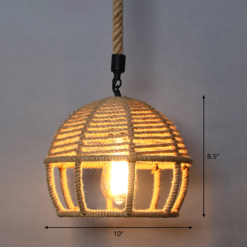 Single Cage Shade Pendulum Light Country Style Wood Rope Suspension Light for Restaurant Clearhalo 'Ceiling Lights' 'Industrial Pendants' 'Industrial' 'Middle Century Pendants' 'Pendant Lights' 'Pendants' 'Tiffany' Lighting' 2460349